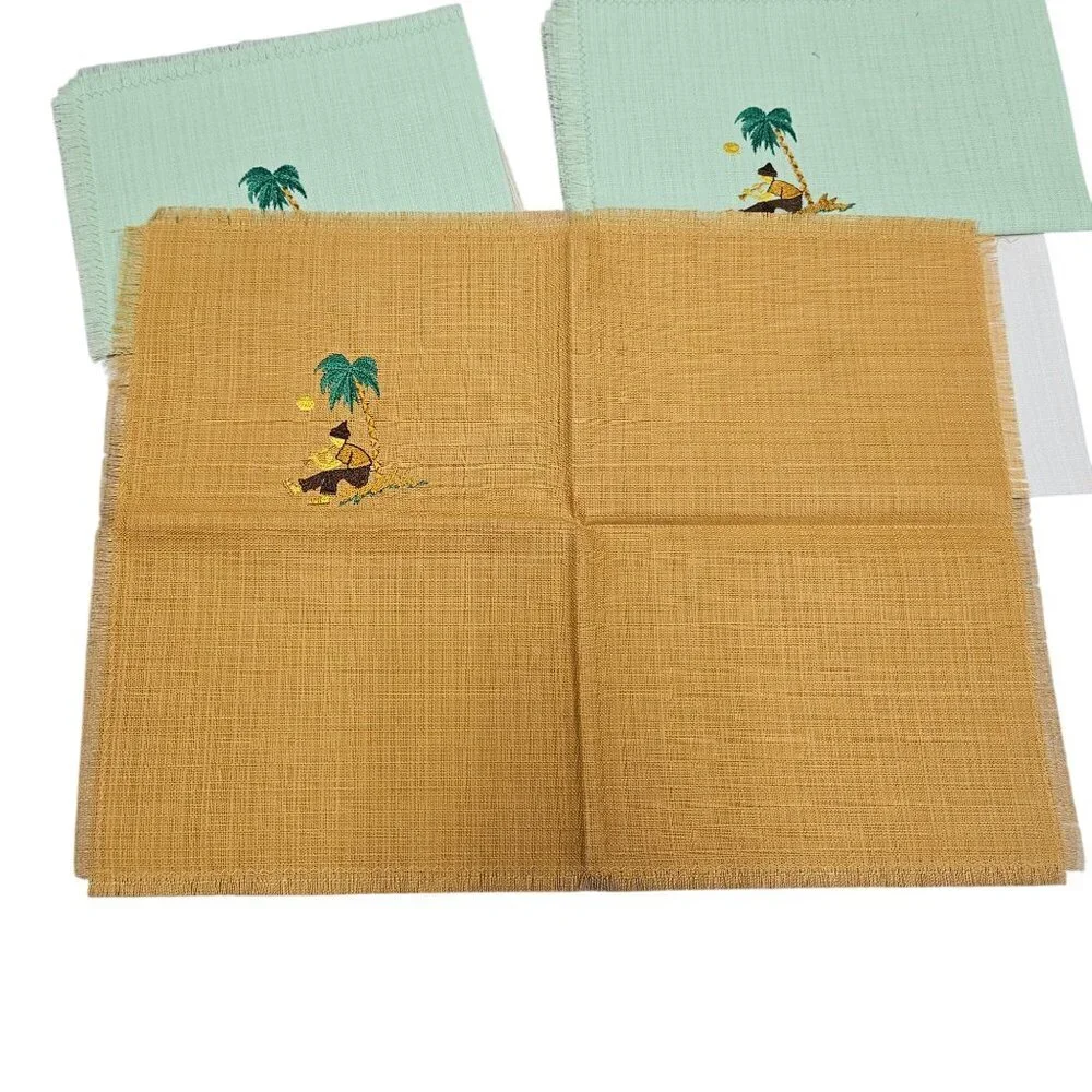 8 Vintage Tropical Themed Linen‎ Napkins Placemat Multicolor Needle Cross Stitch